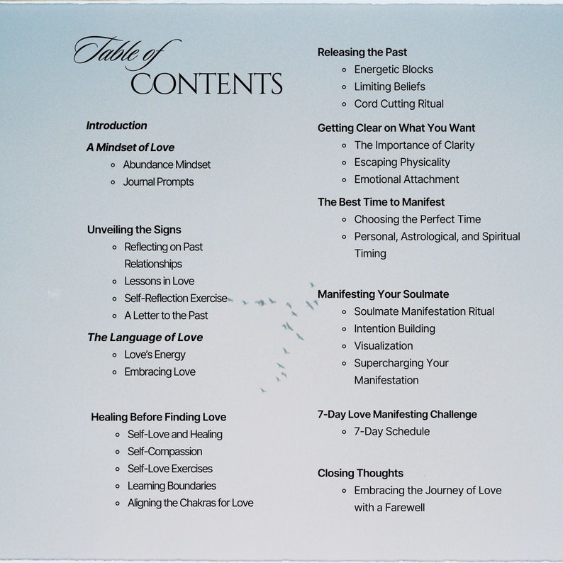 May include: A table of contents for a guide on manifesting love. The guide covers topics such as releasing the past, getting clear on what you want, the best time to manifest, manifesting your soulmate, a 7-day love manifesting challenge, and closing thoughts.