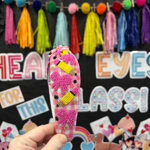 Hand Beaded Headband: Pink Bow & Pencil, Teacher Theme
