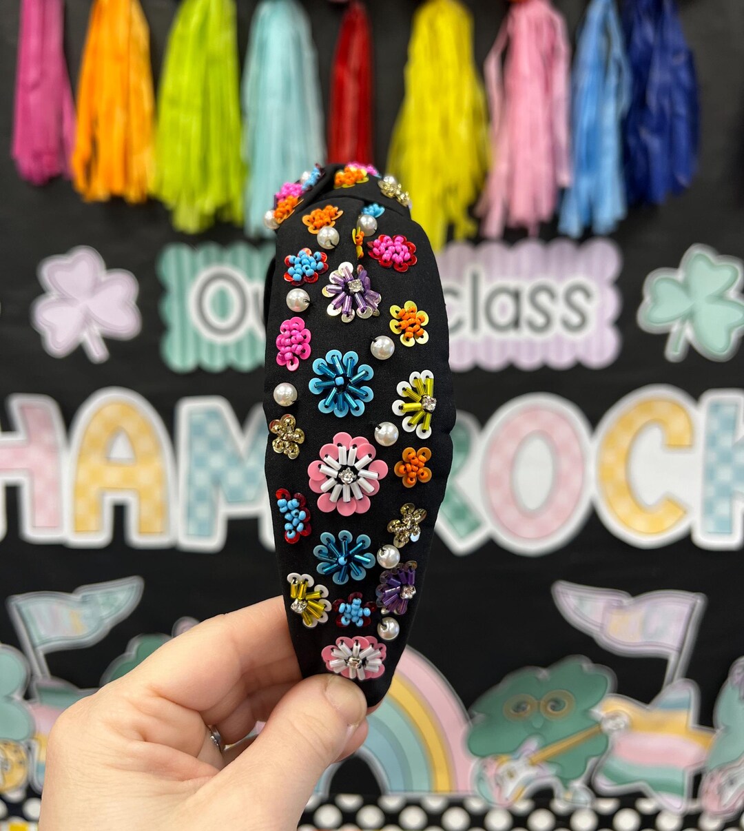 Black Colorful Flower Pattern Hand Beaded Fashion Headband  display picture 3