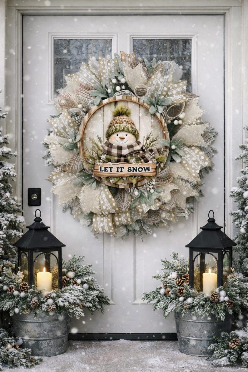 Snowman Winter Wreath | Neutral Farmhouse Door Decor, 24" - Etsy