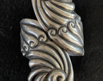 Vintage Taxco Sterling Silver Clamper Bracelet; Lovely Leaf/Swirl Motif