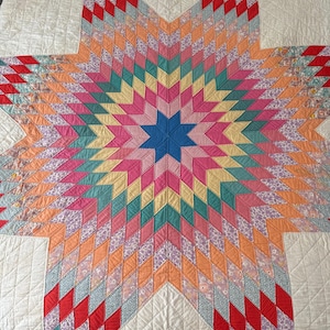 Antique Hand Stitched Multicolored Lone Star Quilt