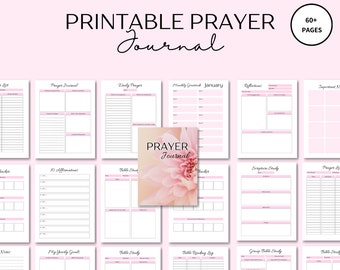 May include: Printable prayer journal with 60+ pages. The journal includes sections for daily prayer, monthly gratitude, scripture study, and more. The cover features a pink flower.