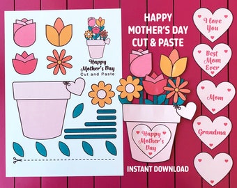 Printable Mother's Day Cut & Paste Flower Bouquet Gift Card, Greeting Card Craft and Coloring Activity for Kids