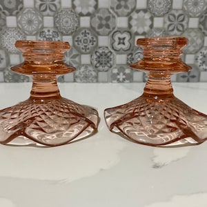Vintage Imperial Glass Pink Candlestick Diamond Ruffle Pattern