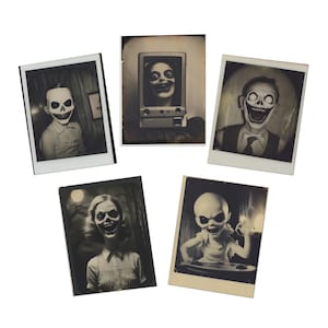 May include: Five black and white Polaroid-style photographs of people with skeletal faces. The photos are arranged in a semi-circle on a white background.
