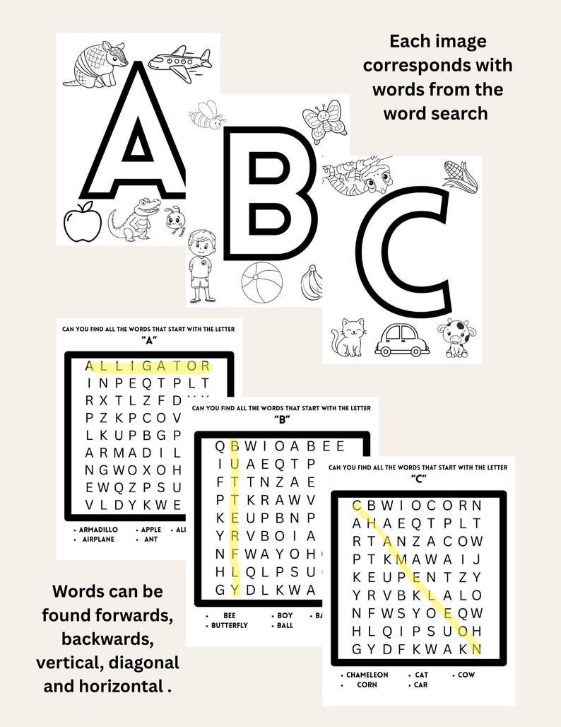 ABC Coloring Book A–Z With Word Search | Kids Printable Activity Pages ...
