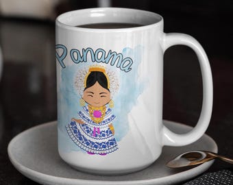 Taza de cerámica de Panamá, taza de Panamá, taza de Panamá personalizada, taza de cerámica personalizada, recuerdo de Panamá, taza de cerámica de Pollera de Panamá, regalo de Panamá