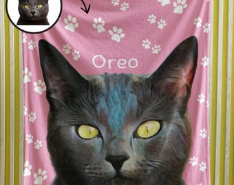 Manta personalizada para mascotas, personalizada con el retrato, el nombre y las lindas huellas de patas de su mascota, manta personalizada para amantes de los gatos y los perros, manta personalizada para gatos