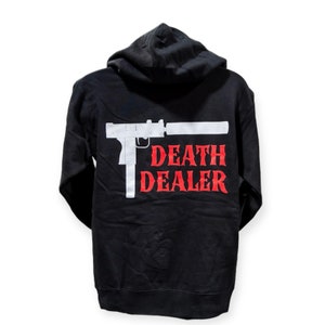 May include: Black hooded sweatshirt with a white graphic of a gun and the text "DEATH DEALER" in red.