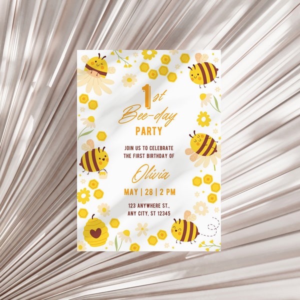 Little Honey Birthday Party Invitation, Queen Bee, 1st Bee Day, Hunny, Bumble Bee, Editable Template with Templett, Instant Download