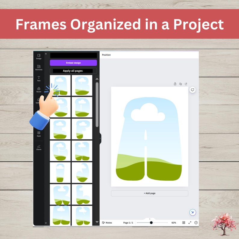 May include: A screenshot of a design program showing a page with a blue and green illustration of a cloud and hills. The page is titled "Position". A sidebar shows a selection of frames with different variations of the illustration. The button "Apply all pages" is highlighted.