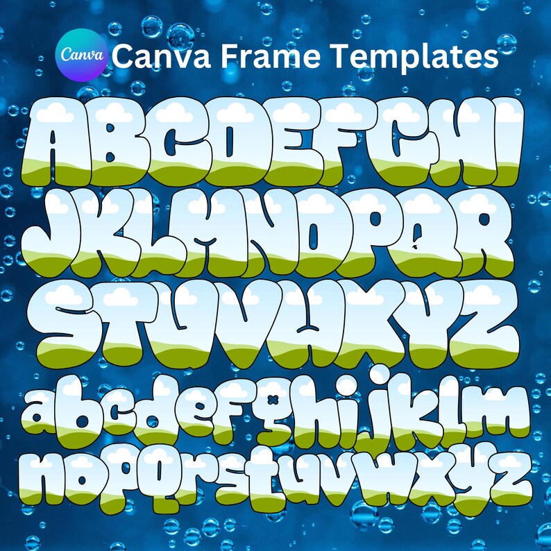 May include: A colorful alphabet with a sky and grass design. The letters are in a bubble-like font and are outlined in black. The background is a blue gradient with white bubbles.