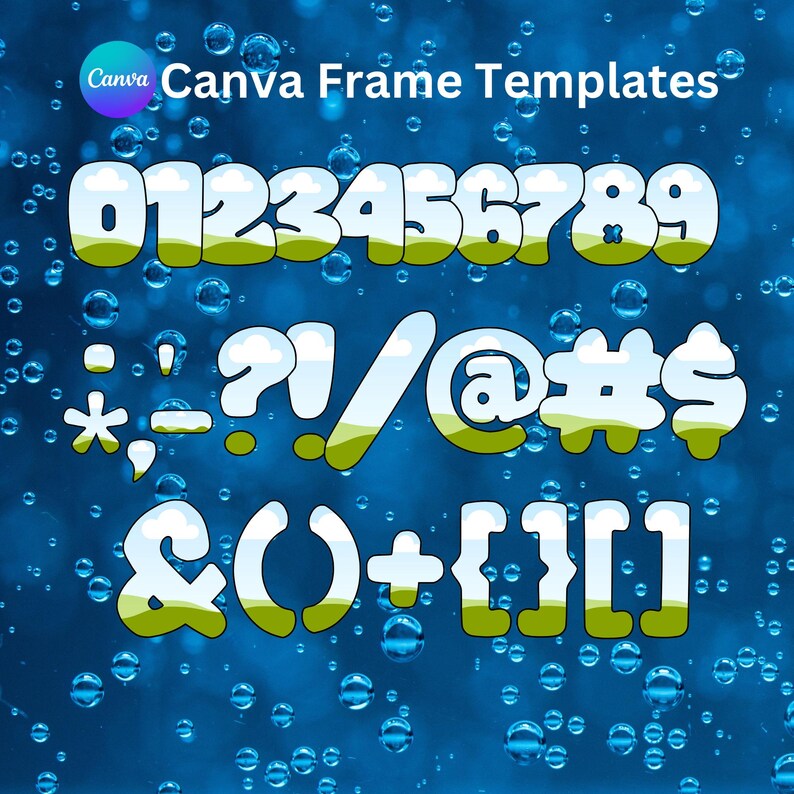 May include: A blue background with white bubbles and a set of colorful, cartoon-style numbers, symbols, and punctuation marks. The numbers are 0-9, and the symbols are * - : ; ? ! / @ # $ & ( ) + { } [ ]