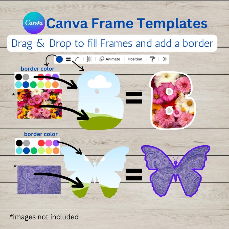 May include: A digital design template showing how to use Canva to create a frame with a border and fill it with an image. The template shows a cloud shaped letter B and a butterfly shape. The user can drag and drop an image into the frame and add a border in a variety of colors.