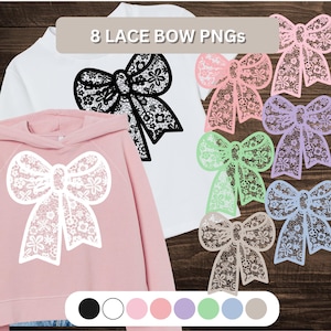 May include: Eight lace bow PNGs in various colours, including black, white, pink, lavender, light green, blue, and brown. The bows are displayed on a wooden surface with a white and pink hoodie and a white t-shirt in the background.