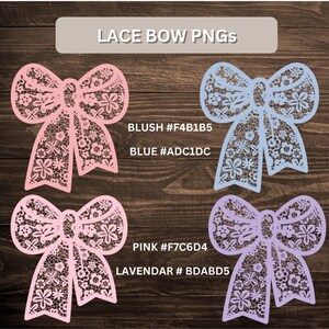 May include: Four lace bow PNG files in different colours: blush, blue, pink, and lavender. Each bow has a delicate floral pattern.