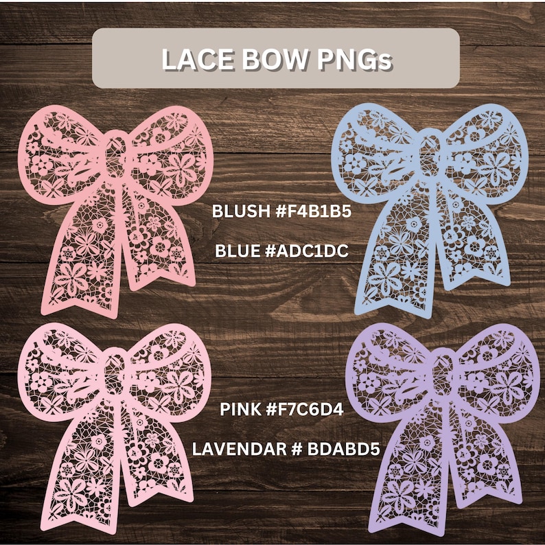 May include: Four lace bow PNG files in different colours: blush, blue, pink, and lavender. Each bow has a delicate floral pattern.