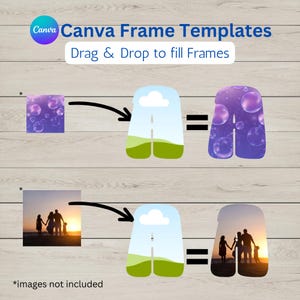 May include: Two examples of how to use Canva frame templates. The first example shows a purple frame with bubbles filled with a photo of a sunset. The second example shows a green frame with a cloud and road filled with a photo of a family at the beach. The text on the image reads "Canva Frame Templates Drag & Drop to fill Frames".
