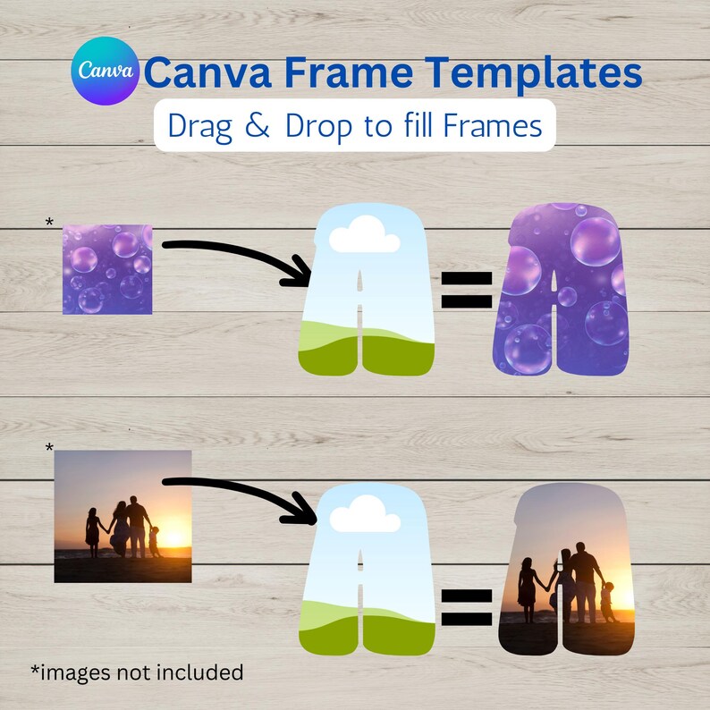 May include: Two examples of how to use Canva frame templates. The first example shows a purple frame with bubbles filled with a photo of a sunset. The second example shows a green frame with a cloud and road filled with a photo of a family at the beach. The text on the image reads "Canva Frame Templates Drag & Drop to fill Frames".