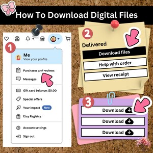 May include: A visual guide on how to download digital files on Etsy. The steps are numbered 1, 2, and 3. Step 1 shows a screenshot of the Etsy account menu with options like "Purchases and reviews", "Messages", "Gift card balance", "Special offers", "Your impact", "Etsy Registry", "Account settings", and "Sign out". Step 2 shows a yellow sticky note with the text "Delivered" and options to "Download files", "Help with order", and "View receipt". Step 3 shows a purple sticky note with the text "Download" and three download buttons with cloud icons.