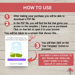 May include: A step-by-step guide on how to use a Canva template. The image shows a screen capture of a Canva template with a green and brown landscape design. The text on the screen says "Use Template" and "Designed with Canva". The image also includes instructions on how to download a PDF file, find the link to the template, and click on the "Use Template" button.