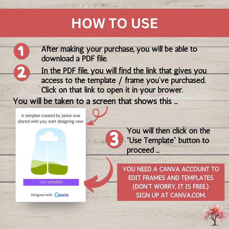 May include: A step-by-step guide on how to use a Canva template. The image shows a screen capture of a Canva template with a green and brown landscape design. The text on the screen says "Use Template" and "Designed with Canva". The image also includes instructions on how to download a PDF file, find the link to the template, and click on the "Use Template" button.