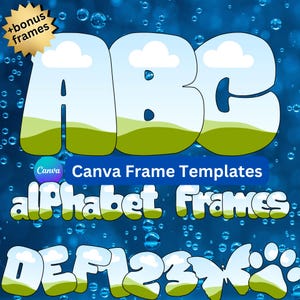 May include: Colourful alphabet and number frames with a blue sky, white clouds, and green grass background. Canva Frame Templates Alphabet Frames.