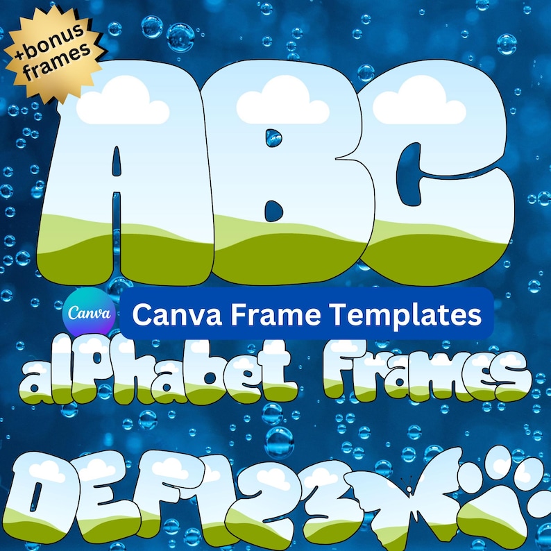 May include: Colorful alphabet and number frames with a blue sky, white clouds, and green grass background. Canva Frame Templates Alphabet Frames.