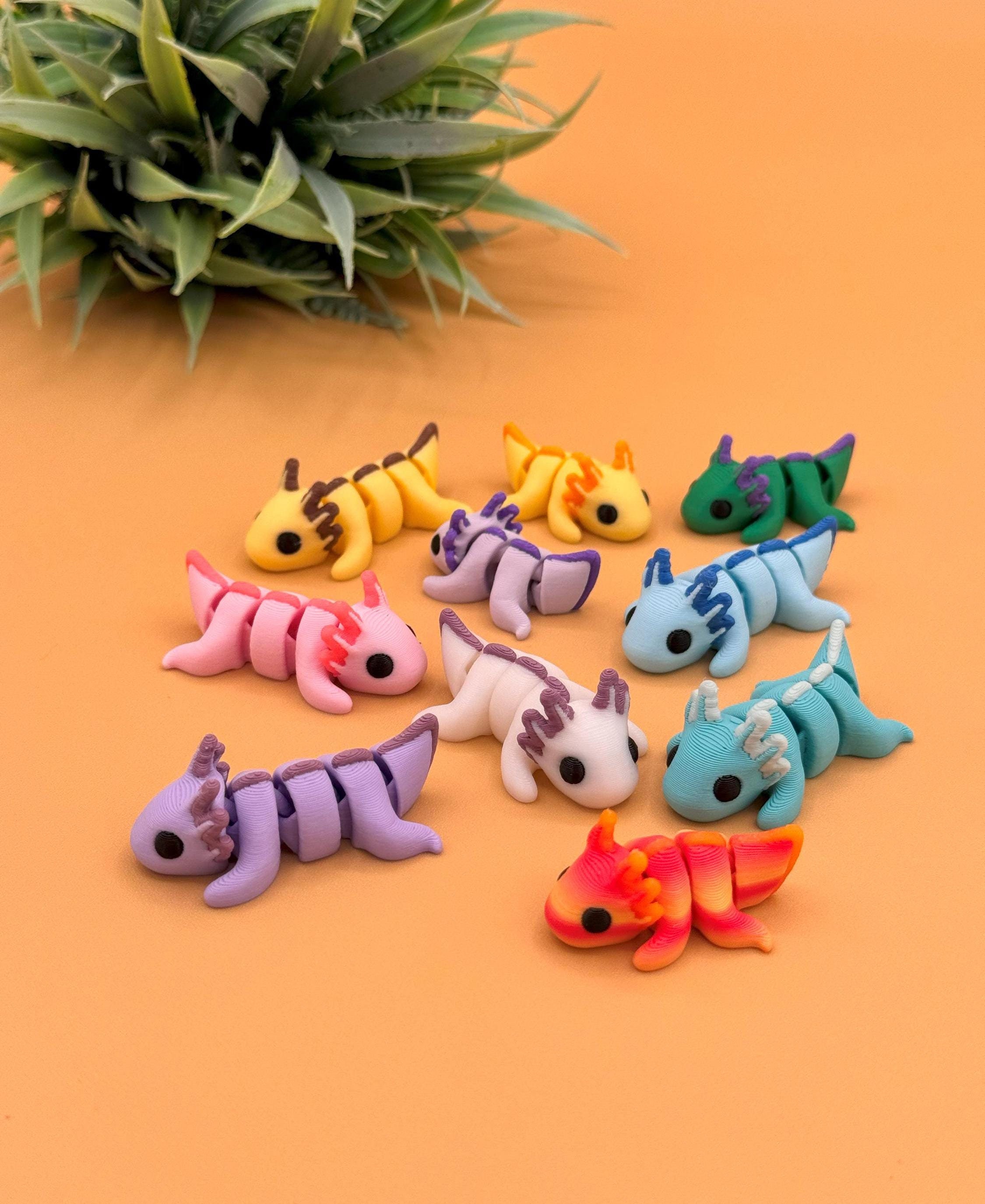 2 Pcs Cute Articulating Axolotl Tadpole Fidget Toy Set - 3D Printed Flexible Keychain, Rainbow Colors