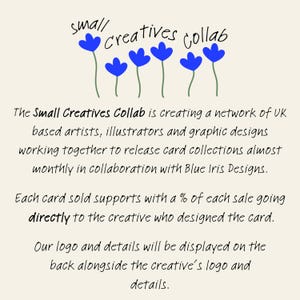 May include: A cream-colored graphic featuring the text "small creatives collab" and blue flower illustrations. The text details a UK-based artist network releasing card collections monthly in collaboration.
