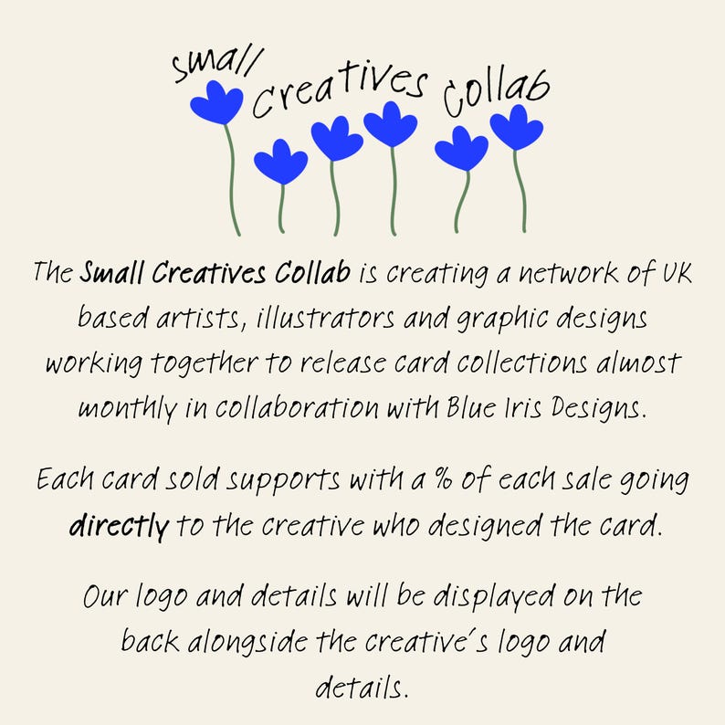 May include: A cream-colored graphic featuring the text "small creatives collab" and blue flower illustrations. The text details a UK-based artist network releasing card collections monthly in collaboration.