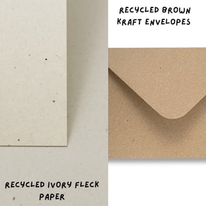 May include: Close-up of recycled ivory fleck paper and a brown kraft envelope. The image includes the text "Recycled Brown Kraft Envelopes" and "Recycled Ivory Fleck Paper". The paper and envelope have a natural, textured appearance.