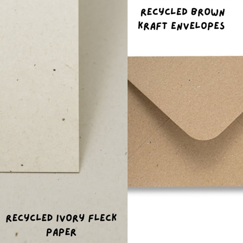 May include: Two samples of paper: a recycled ivory fleck paper and a recycled brown kraft envelope. The ivory fleck paper is a light cream color with flecks of brown throughout. The kraft envelope is a light brown color with a slightly rough texture.