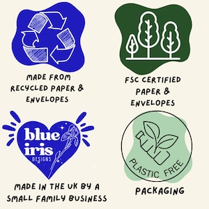 May include: Four illustrated graphics with text, including a recycling symbol, trees, a heart with a flower, and a plastic-free symbol. Text includes "Made from Recycled Paper & Envelopes" and "Made in the UK by a Small Family Business."