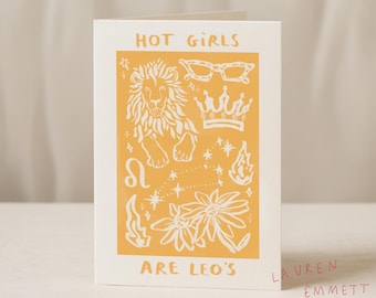 Las chicas atractivas son la tarjeta de cumpleaños de Leo: Tarjeta de felicitación del zodiaco en colaboración con LEA