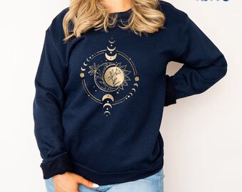 Mystic Moon And Sun Sweatshirt, Celestial Moon Shirt, Boho Moon Shirt, Moon Phase T-Shirt, Vintage Moon Shirt, Mystical Moon Phase Shirt