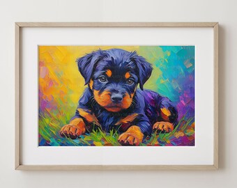May include: A painting of a Rottweiler puppy lying down in a field of colorful flowers. The puppy is looking at the viewer with big, brown eyes. The painting is done in a vibrant, impressionistic style.