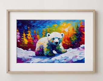 May include: A colorful painting of a white polar bear cub walking through a snowy forest. The forest is painted in vibrant shades of blue, green, yellow, and orange. The painting is done in a textured style, giving it a three-dimensional look.