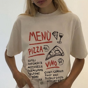 Camisa de menú de pizza, camisa gráfica de menú, camiseta gráfica de cena, camisa estética de cuello redondo, camisa gráfica para mujer, cuello redondo de moda