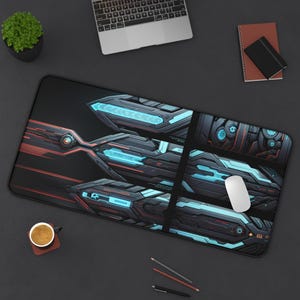 May include: A black and blue gaming mouse pad with a futuristic design. The pad features a geometric pattern with glowing blue and red accents.