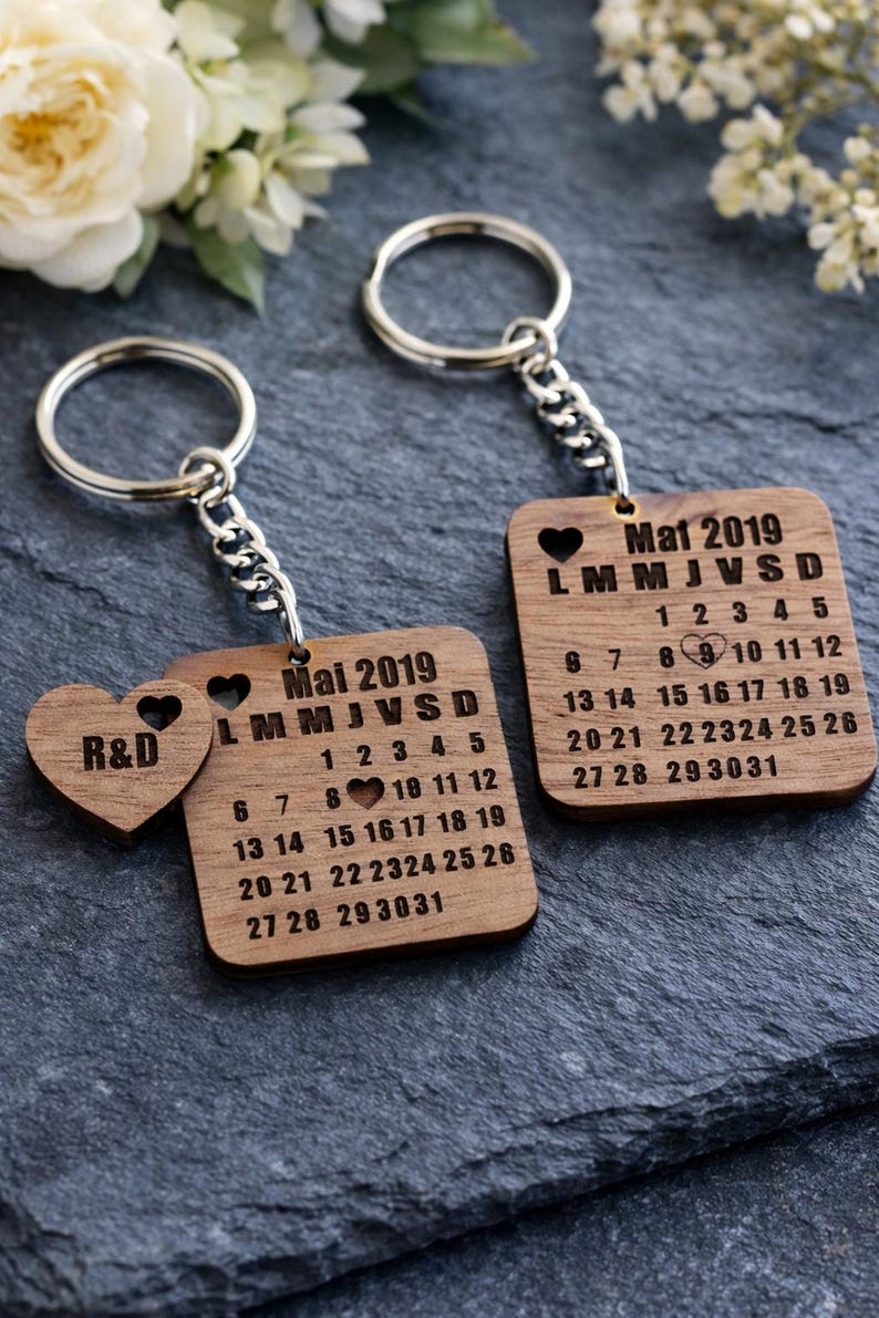 Personalized Wooden Calendar Keychain – Special Date for Couples – Gift ...