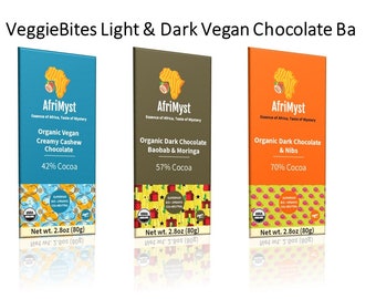 AfriMyst Vegan Chocolate 3-in-1 Gift Box : 57pct cocoa with Moringa and Baobab, 70pct cocoa with Nibs, 42pct cocoa creamy milky cashew
