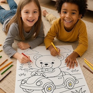Teddy Drives Coloring Poster for Kids – Large Printable Poster 18x24, 16x20 and 7 other Sizes Cute Teddy Digital Art - Instant Download