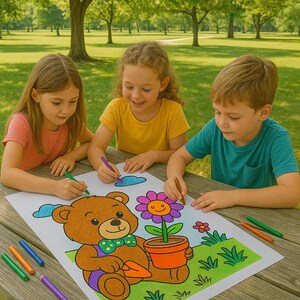 以下が含まれることがあります： 3人の子供が、ニンジンを持った茶色のクマの絵を描いています。クマは緑と白のドットの蝶ネクタイをしています。絵には、黄色い笑顔の紫の花も描かれています。子供たちは、色とりどりのマーカーを使って絵を描いています。