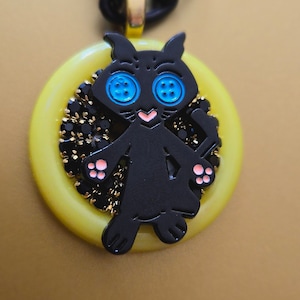 Coraline Cat Vermon Button Eyes Necklace One of a Kind OOAK