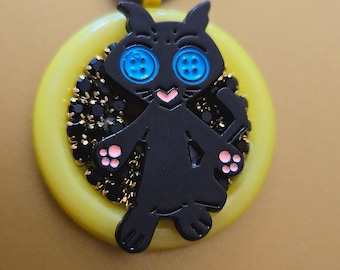 Coraline Cat Vermon Button Eyes Necklace One of a Kind OOAK
