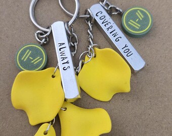 Twenty One Pilots Trench Cover Me/Covering You Yellow Petals Hand Stamped Necklace/Keychain Combo