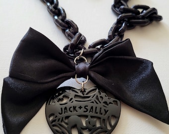 Disney Tim Burton The Nightmare Before Christmas Jack & Sally Heart Bow Huge Plastic  Statement Necklace OOAK