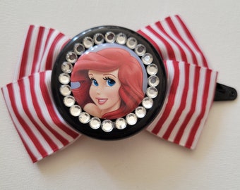 Disney The Little Mermaid Nautical Striped Rhinestone Bow Hairclip Barrette OOAK